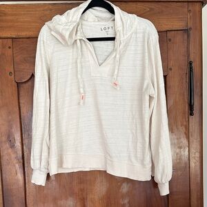LOFT Cream Pullover Hoodie with V-Neck and Drawstrings